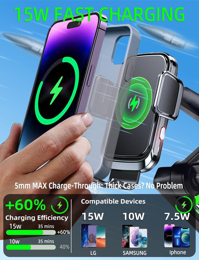 Truck Phone Holder Wireless Car Charger Mount, 15W Fast Charging | 14-Inch Long Arm, Strong Vacuum Dashboard & Windshield Mount, Heavy Duty Trucks and Pickup Accessories, for iPhone Samsung LG black--Wireless Charger