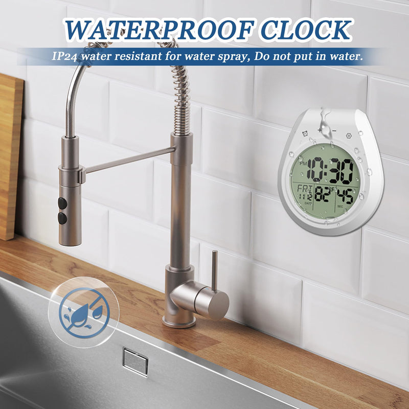 Shower Clock Waterproof Bathroom Timer, Digital Wall Clock Kitchen Clock with Countdown, Touch Screen, Temperature, Calendar, Suction Cup Hanging Hole, for Spa Cook Bath