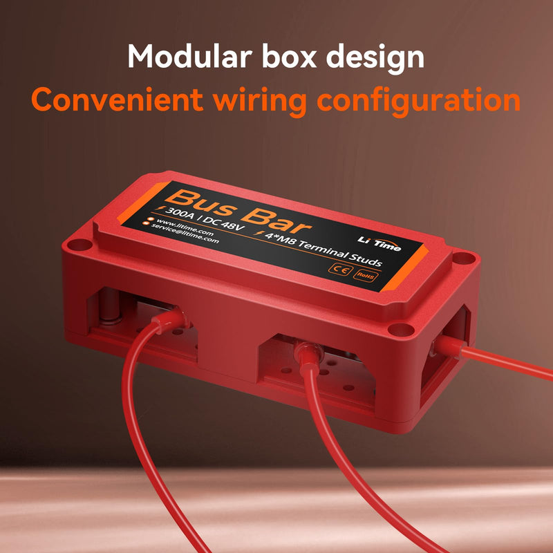 LiTime 300A Bus Bar 4*M8 Terminal Posts for LiFePO4 Batteries High Voltage and Current Suitable for Automotive, Marine, and Solar Applications and Electrical System (Red+Black)