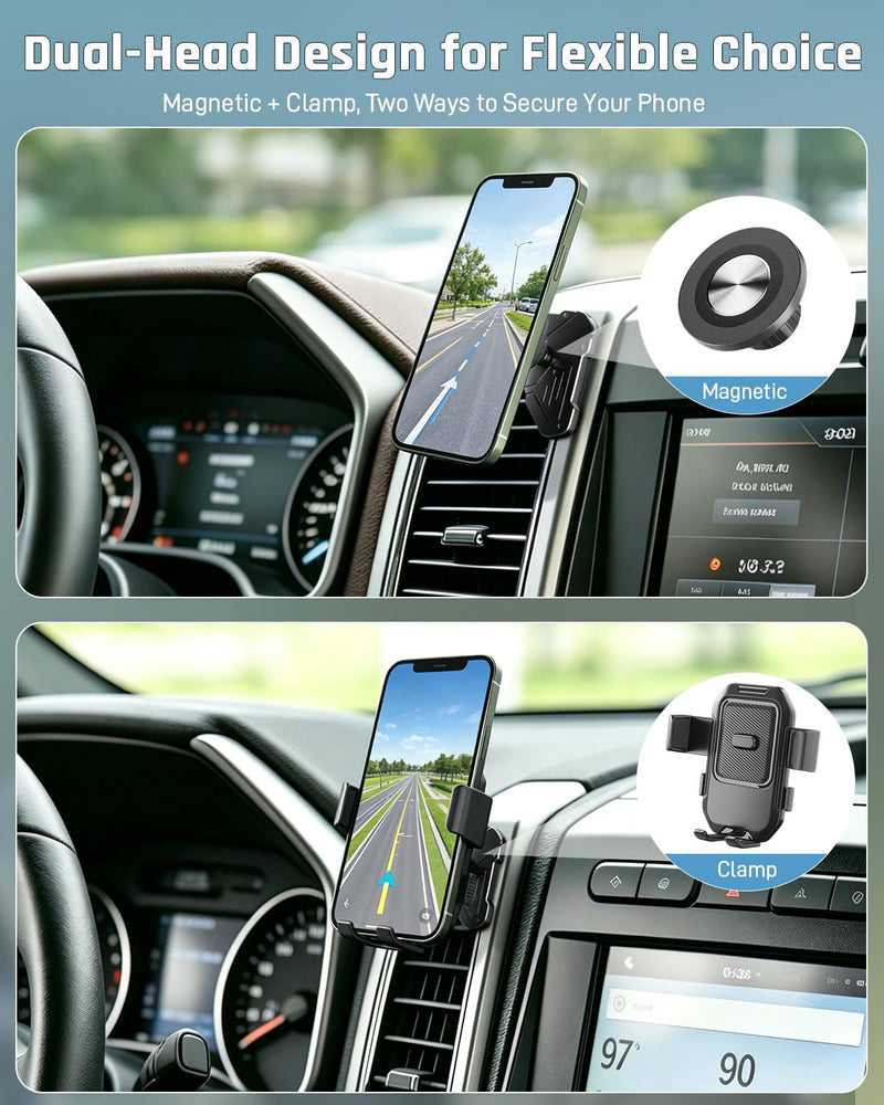 Car Vent Phone Holder for Ford F150 2015-2020 & Super Duty 2017-2021 | Expedition 2018-2021, CNC-Machined Aluminum Air Vent Mount with Magnetic and Spring Clamp Heads, 45° Adjustable Truck Bracket