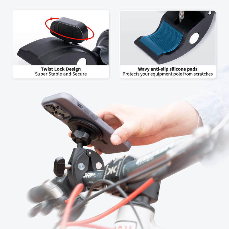 Phone Holder Mount Magnetic Accessories: Fitness Equipment Gym Motorcycle Handlebar, Exercise Bike, Treadmill, Stroller, Cart, for Magsafe iphone 15 14 13 12 Plus Pro Max & All Phone Stand Clamp Gym Mount