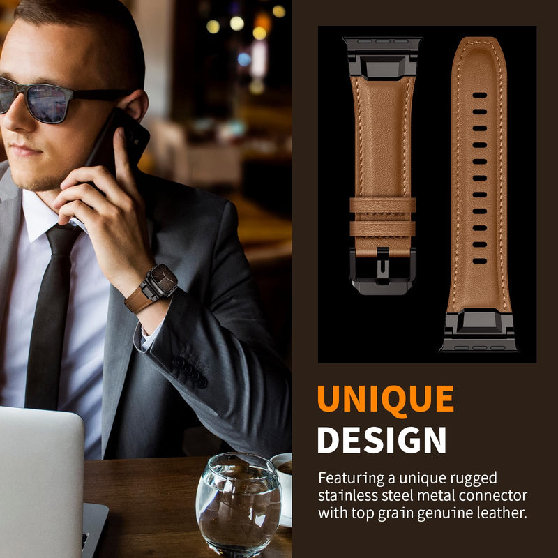 Leather Bands Compatible with Apple Watch Ultra 3/2/1 Band 49/46/45/44/42mm Men, Genuine Leather Metal Connector Strap for iWatch Ultra Series 11/10/9/8/SE, Dark Brown/Black+Light Brown/Black
