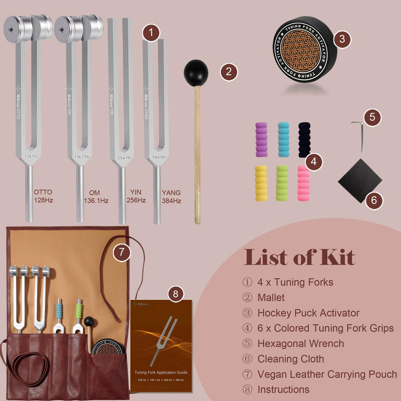 [AUSTRALIA] - Tuning Forks for Healing Set (128Hz, 136.1Hz, 256Hz, 384Hz) with Activator & Reflex Hammer, Sound Therapy Instruments for Chakra/Yoga/Meditation, Frequency Healing Devices in Vegan Leather Pouch Silver 