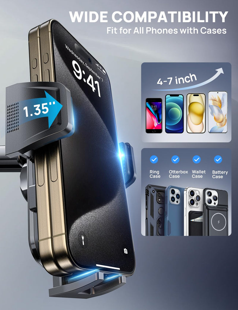 Air Vent Car Phone Holder, Anti-Vibration Grip, Wide Clamp, Metal Hook | Rotating smartphone cradle with one-press release and heat-resistant design; fits large phones with protective cases. Dash-Purple