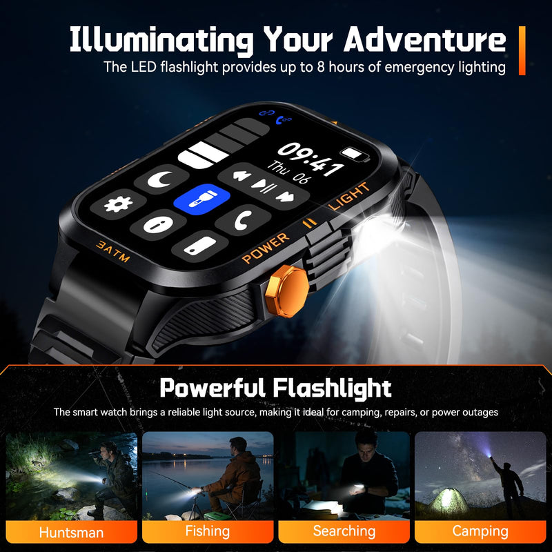 Military Smart Watches for Men (Answer/Make Call) 1.96" HD Big Screen | Rugged Tactical Smartwatch with LED Flashlight/880mAh/3ATM Waterproof/HR/Sleep Monitor, Fitness Tracker for iPhone Android Black