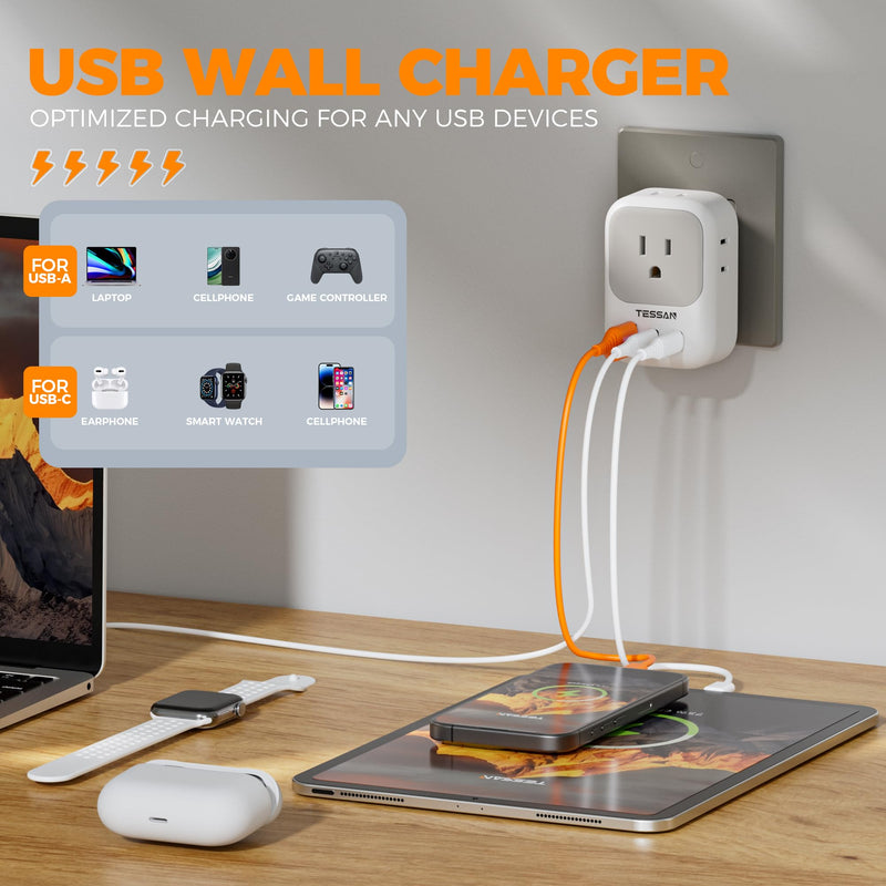 [AUSTRALIA] - USB Wall Charger, TESSAN Outlet Splitter with 4 AC Outlets Extender and 3 USB (2 USB C Blocks), Multi Plug Expander Charging Station for Cruise, Home, Office, Dorm Room Essentials 