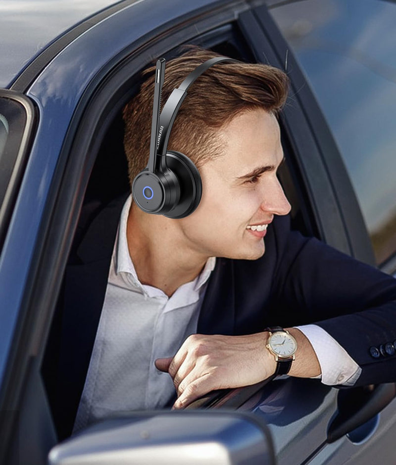 Bluetooth Headset with AI Noise Cancelling Microphone, V5.3 Wireless Headphones with USB Dongle, Charging Station, Microphone Mute Switch, Wireless Headsets for Work Black