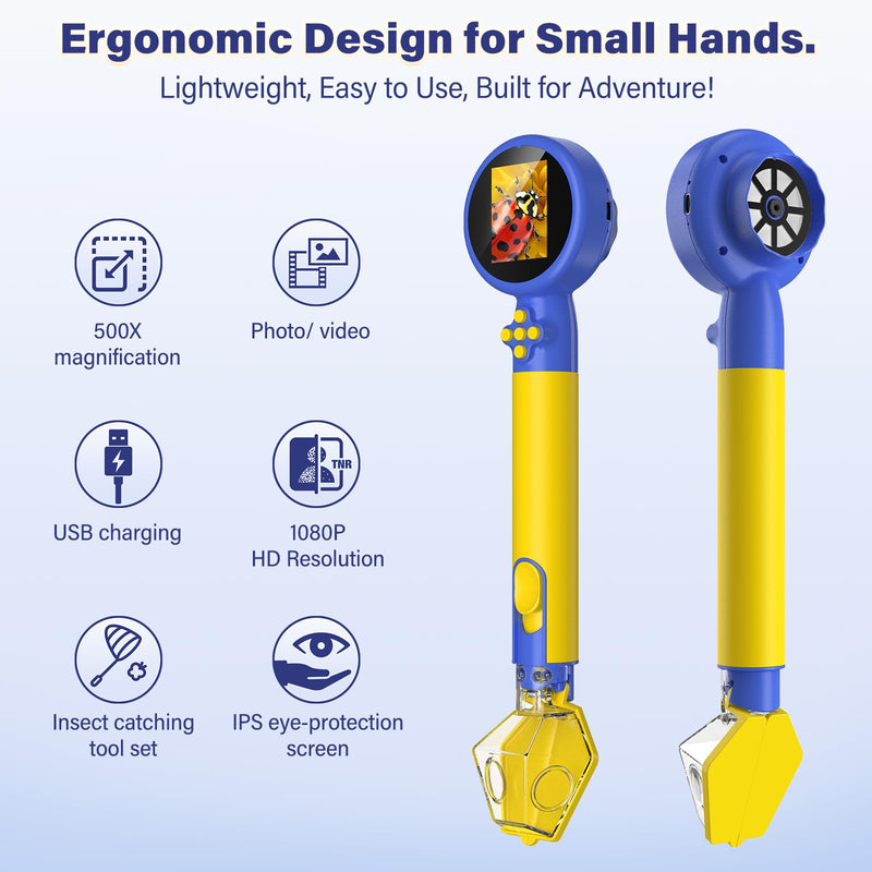 [AUSTRALIA] - Kids Wonder Quest Microscope Camera with Bug Catcher, 2" Screen Portable Handheld Microscope for Kids, HD 500X STEM Science Toy with LED Lights, for Age 3-12 Girls & Boys Birthday Gifts (Blue) Blue 