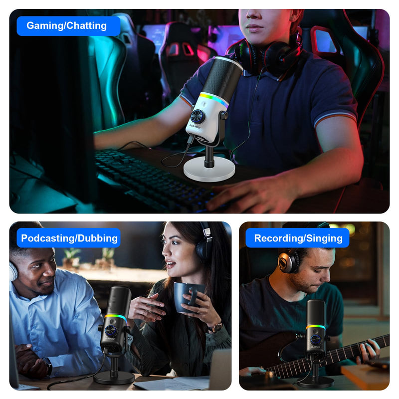 Aokeo Microphone for PC, AK-10 USB/XLR Dynamic Desktop Microphone for Gaming,Podcast,Streaming with RGB Light,Volume Control,Mute Button,Noise Reduction(White) AK-10white