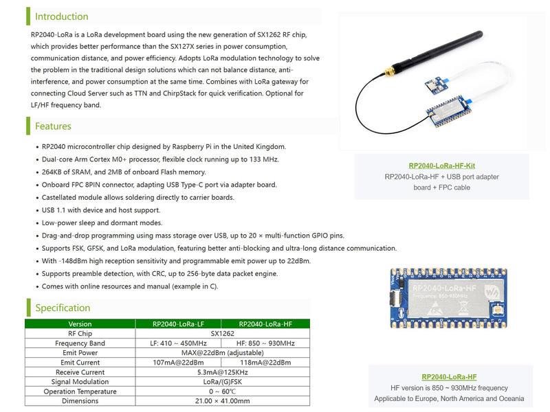 Waveshare LoRa Development Board Kit Based on Raspberry Pi RP2040 Microcontroller Chip, Integrate SX1262 RF Chip, 850~930MHz Frequency, Programmable Emit Power up to 22dBm, Long-Range Communication