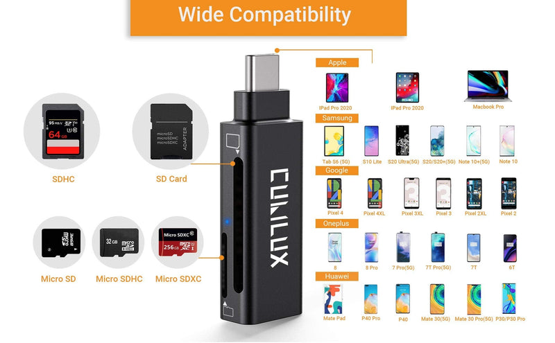 Cubilux USB Type C SD/TF Card Reader with LED Indicator, Thunderbolt 4/3 Memory Card Adapter Compatible with MacBook iPad Pro/Air 4/Mini 6 Samsung S22/S21/S20 Note 20/10 Tab S8/S7/S6 Pixel 6 Pro 5 4 3 Black