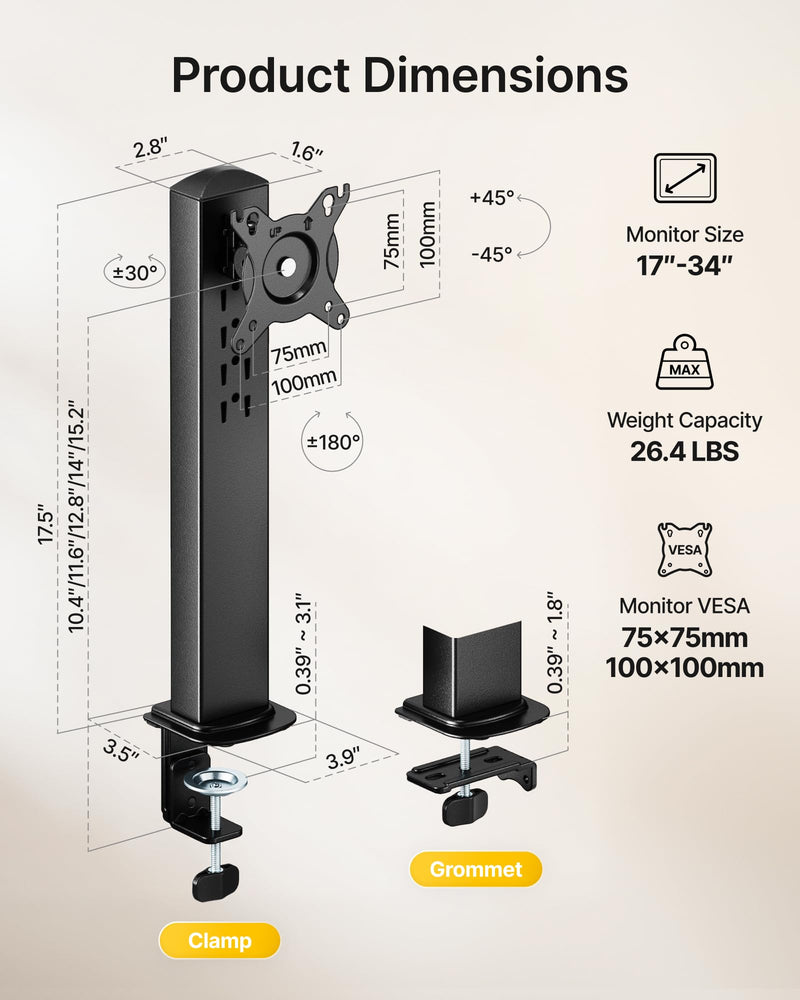 monTEK Powered Single Monitor Stand for 17-32", Clamp/Grommet | Heavy-duty monitor desk mount, integrated power outlet, adjustable arm and clamp/grommet mounting options