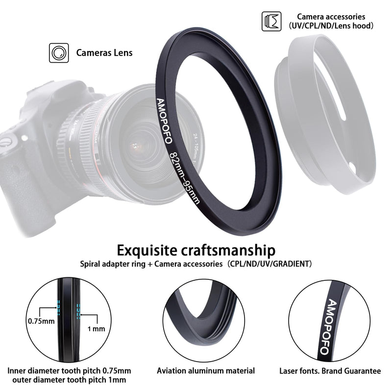 82mm to 95mm Step Up Ring Filter Adapter Metal Step Up Ring,Compatible with All 82mm Camera Lens & 95mm UV,ND,CPL Accessories,Made of CNC Machined Aluminum(82-95mm) 82mm-95mm