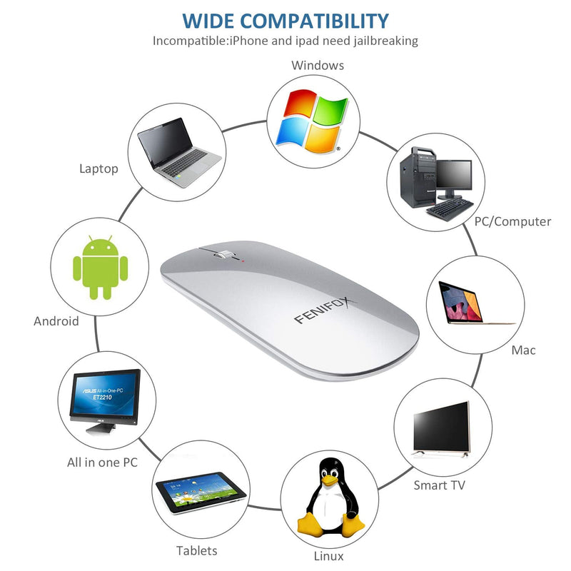 Bluetooth Mouse, FENIFOX Slim Mini Portable Flat Travel Wireless Mouse Rechargeable Quiet Ultra-Thin Mice Compatible with Laptop,Tablet,Notebook,PC (Silver and White) Silver