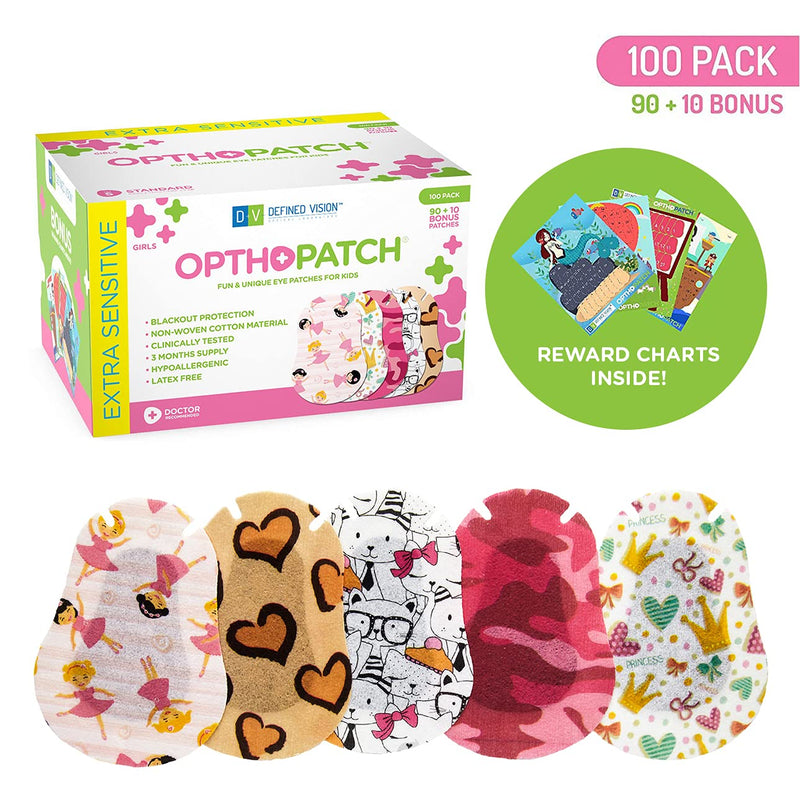 Opthopatch Kids Eye Patches - Fun Girls Design - 90 + 10 Bonus Latex Free Hypoallergenic Cotton Adhesive Bandages for Amblyopia and Cross Eye - 3 Reward Chart Posters by Defined Vision