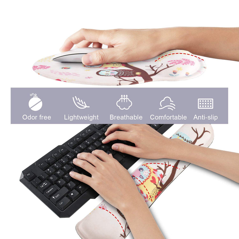 Keyboard Mouse Pad Wrist Rest, Gel Ergonomic Wrist Rest Support Mousepads Mat, Non Slip Rubber Base Wrist Support with Memory Foam for Laptop Computer Home Office Work, Durable & Comfortable, Cute Owl