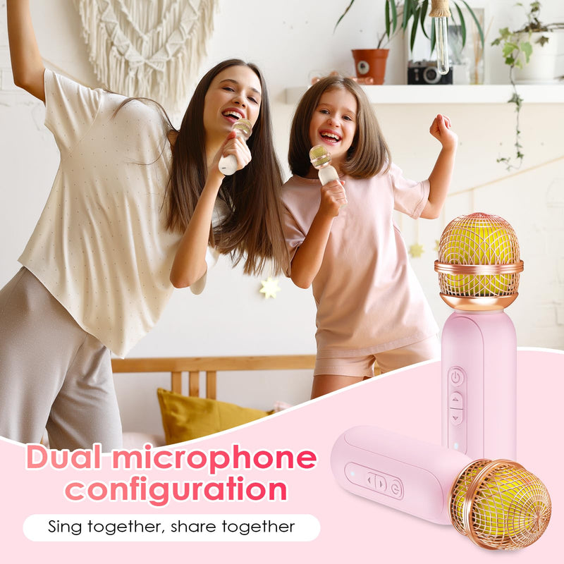 Mini Karaoke Machine for Kids & Adults with 2 Wireless Microphones Portable Karaoke Machine 2x5W Bluetooth Speaker Birthday Gift Toys Gifts for Kids Family Home Outdoor Party Pink