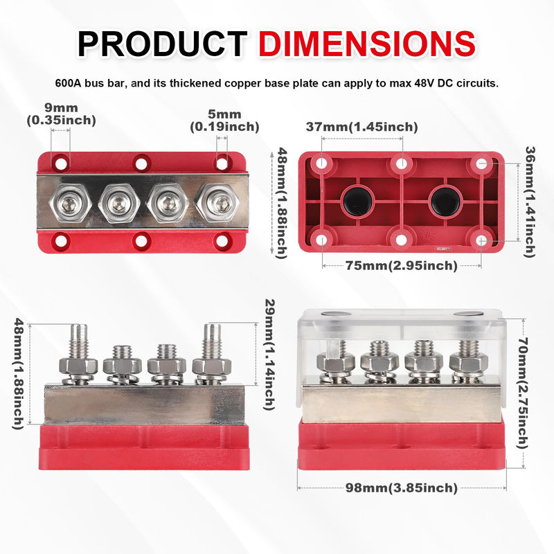 600A Power Distribution Block with Cover 4 x 3/8" (M10) Studs Bus Bar Terminal Block Max 48V for Automotive Car Boat (Red) 600A 4 x 3/8"(M10) Studs-Red