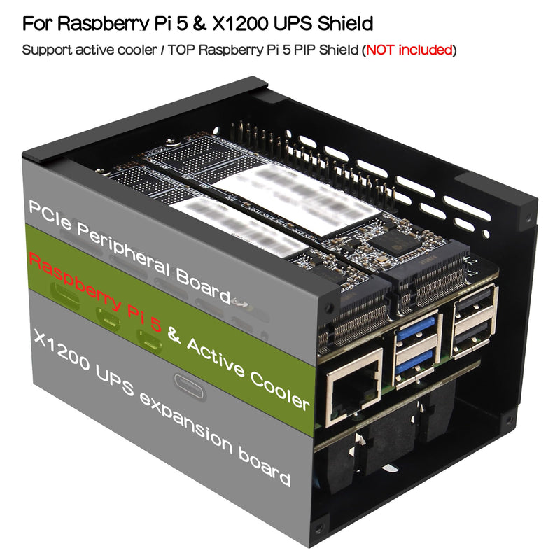 Geekworm X1200-C1 Metal Case for Raspberry Pi 5 and X1200 UPS | Compatible with Active Cooler & Top PCIe to M.2 NVMe SSD HAT