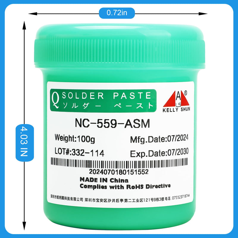 KELLYSHUN NC-559 Flux Soldering, 100 g, No-Clean Lead-Free Rosin Flux (Pack of 1), 2.5 mm / 1.5 m Desoldering Braid (1 Piece), Suitable for SMD, BGA, PCB, Household Appliance Repairs
