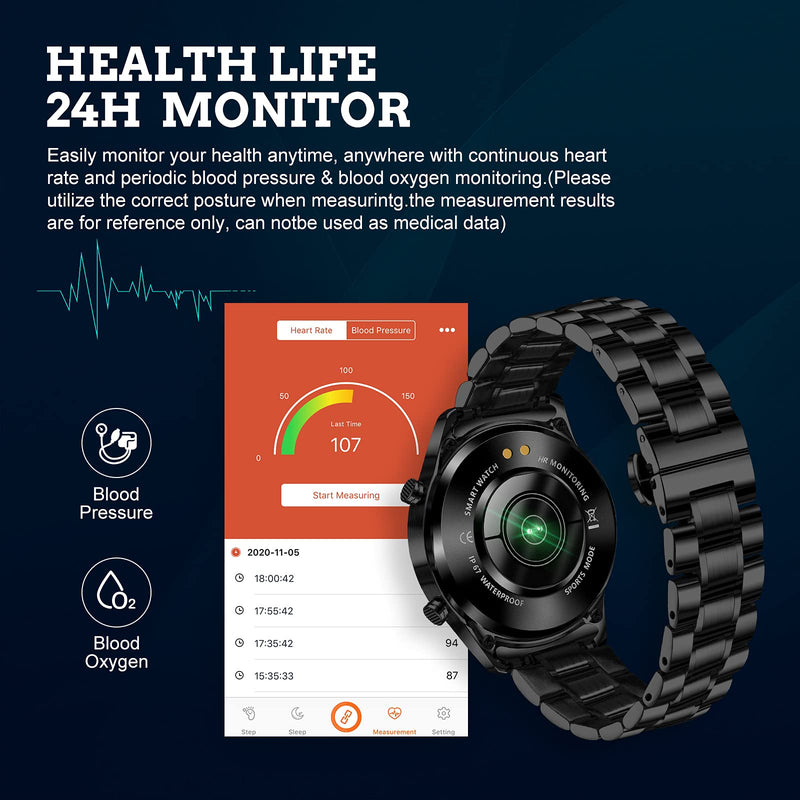 Men Smart Watch for Android iOS, Bluetooth Calls Voice Chat with Heart Rate/Sleep Monitor Fitness Tracker, 1.3" Full Touch Screen IP67 Waterproof Stainless Steel Activity Tracker for Men A-Black