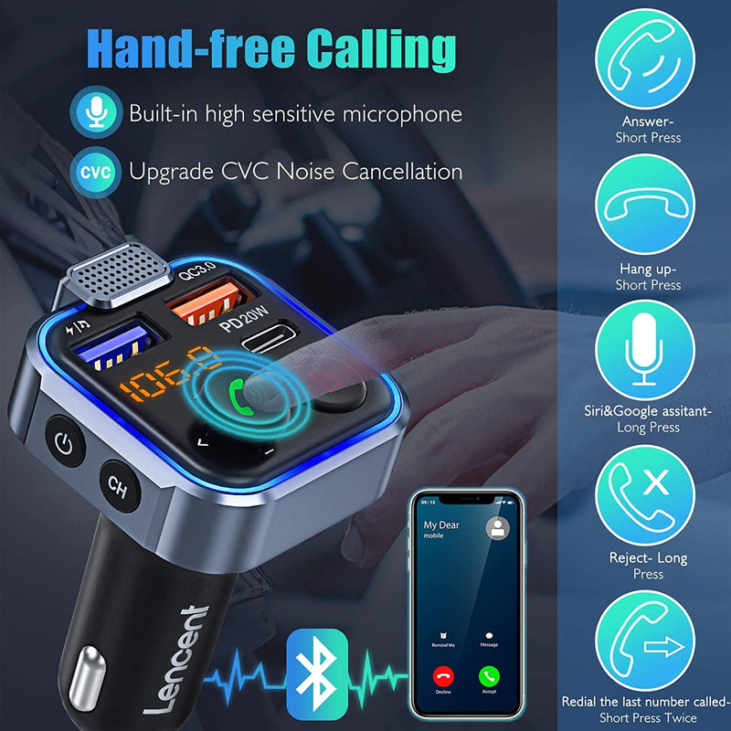 LENCENT FM Transmitter in-Car Adapter,Type-C PD 20W+ QC3.0 Fast USB Charger, Wireless Bluetooth 5.0 Radio Car Kit,Hands Free Calling, Mp3 Player Receiver Hi Fi Bass Support U Disk Blue-38W