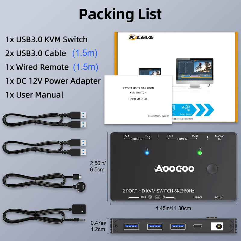 8K@60Hz HDMI KVM Switch 1 Monitors 2 Computers 4K@144Hz KVM Switches with USB 3.0 Port,Wired Remote,Power Adapter and USB3.0 Cables Included(10cm 2 PC 1 Monitor 8K KVM) 10 cm