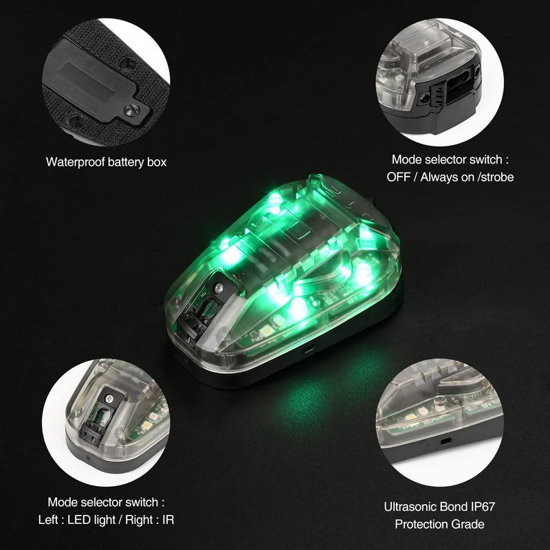 [AUSTRALIA] - NOBUHIRO Tactical Helmet Signal Light Optional 4 Modes with Visible LED + IR Constant-on/Strobe, Waterproof Ladybird Survival Identification Lamp for Outdoor Sports BK-GREEN 