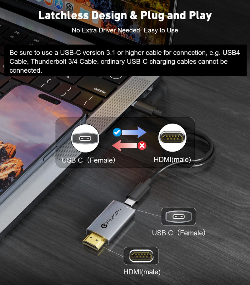 [AUSTRALIA] - Reborn USB C Female to HDMI Male Adapter | 4K Uni-Directional USB Type C Source to HDMI 2.0 Display Converter Thunderbolt 3/4 to HDMI for MacBook Pro/Air, Galaxy S8 to S23, Surface - 1 Pack 