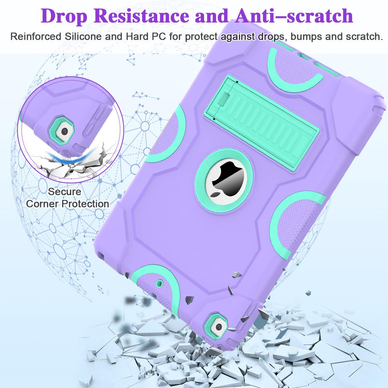 for iPad 9th Generation Case, iPad 8th 7th Generation Case, iPad 10.2 Inch 2021/2020/2019 Case, Heavy Duty Rugged Shockproof Protective Cover with Kickstand for Kids Purple/Green