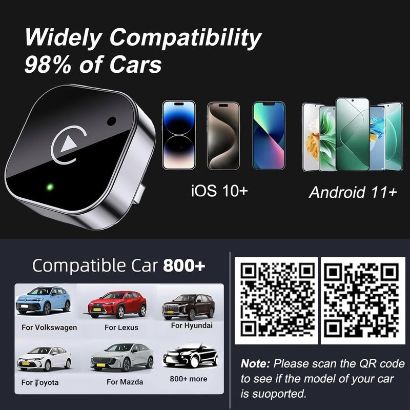 2-in-1 Wireless CarPlay & Android Auto Adapter, Plug & Play CarPlay Dongle Converts Wired to Wireless, Fast Auto-Connect, No Delay, Compact Design for iPhone & Android with USB/USB-C Port（Silver gray）