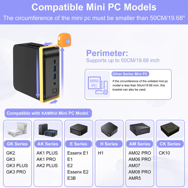 Universal Mini PC Mount for KAMRUI Mini PC, Wall and VESA Mount for KAMRUI GK2, GK3PLUS/PRO, AK1PLUS/PRO, AK2PLUS, E1Essenx E1, E2Essenx E2, E3B, H1, AM02PRO, AM06PRO with Adjustable Strap and Screws