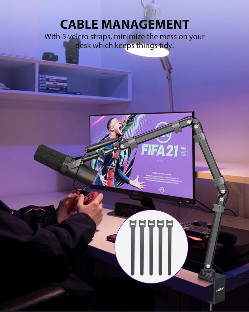KU XIU Aluminum Alloy Boom Arm Microphone Stand for Desk, Three-Section Adjustable Mic Arm Mount with Cable Management Channels for Desktop Podcasting, Recording, Streaming, Gaming, Home Office-Gray