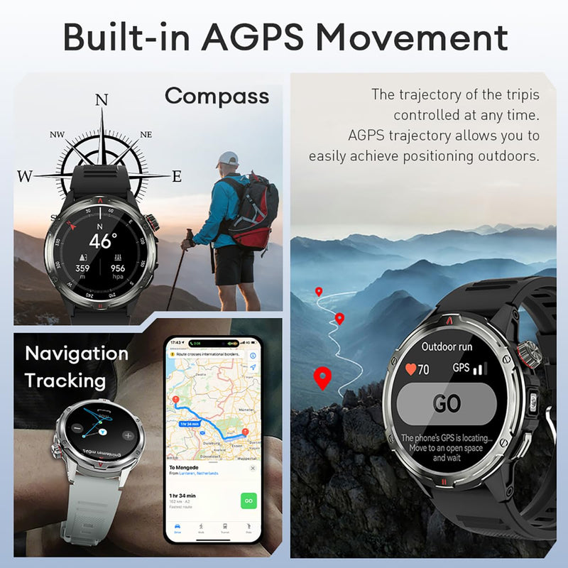AOLON 1.43” AMOLED Smart Watch, 1ATM Waterproof Military Fitness Tracker | AOD Display Bluetooth Call Compass AGPS, Heart Rate SPO2 Sleep Monitor for Men Black