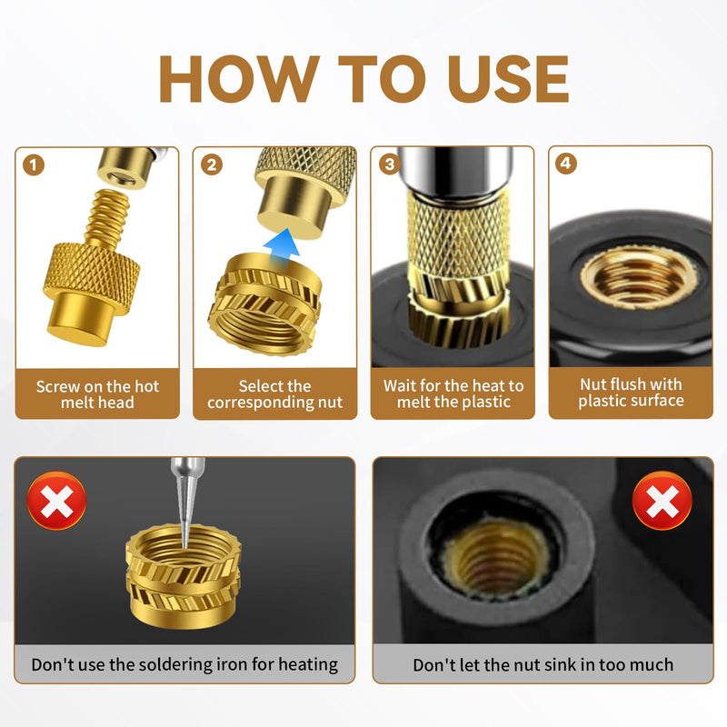 Threaded Inserts, Soldering Tips Set, Soldering Tips, Threaded Insert, Melting Nuts Set with LED Display, 7-Piece Soldering Tips for Thread Insert and 130-Piece Thread Inserts, M2-M8, Compatible with