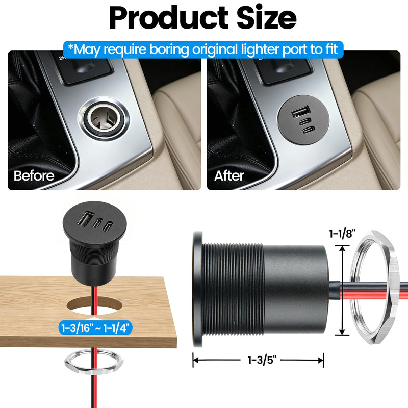 acegoo 78W 12V USB Outlet, 3 Port Fast Charging Aluminum Car USB C Charger | Multi Protection,Cigarette Lighter Replacement, No-Backlight Design, No Standby Power,For RV Camper Trailer Truck Car Boat 2 Pcs