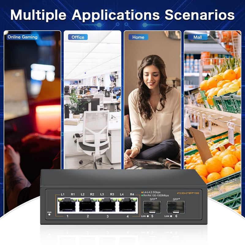2.5G Unmanaged Ethernet Switch with 4 x 2.5G Base-T Ports and 2 x 10G SFP+ Uplink Ports, Compatible with 100/1000/2500Mbps, Fanlesss Design, Plug & Play, Metal 2.5Gb Network Switch 2.5G/6Ports