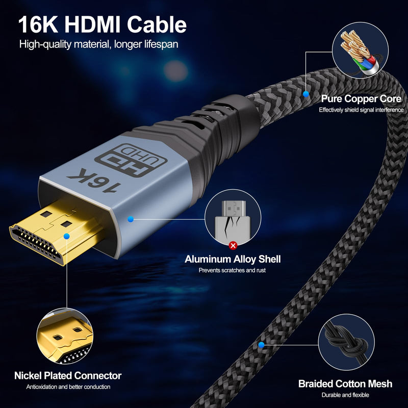 16K 10K 8K HDMI 2.2 Cable 16FT/5M, 96Gbps Ultra High Speed Hdmi Braided Cord Support 16K@60Hz 8K@240Hz 4K@480Hz, HDCP 2.2 & 2.3, HDR 10,eARC, DTS:X, for Roku TV/PS5/Blu-ray, Home Theater