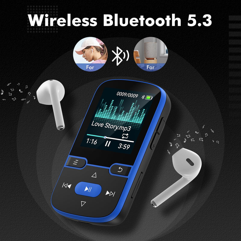 [AUSTRALIA] - 64GB MP3 Player with Clip Bluetooth 5.3 Portable Music Player for Kids with FM Radio, Pedometer, Voice Recorder, Shuffle and Repeat, Weighs Only 28g for Sport and Running, TF Card Up to 128G(Blue) Blue 64GB 