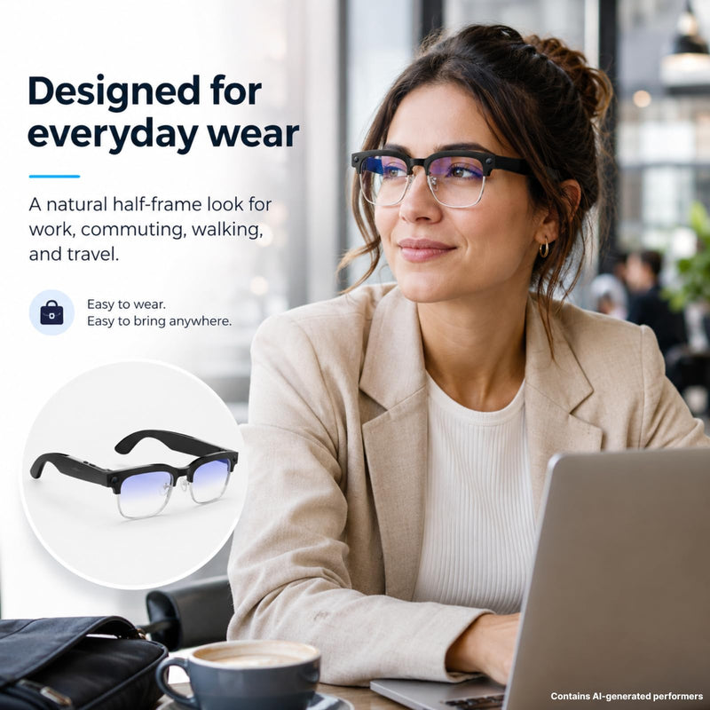 Smart Camera Glasses, 8MP POV Video and Bluetooth Audio,Bluelight | 8MP POV recording with blue light lenses, WiFi transfer and open-ear audio for work, commuting and everyday moments. White