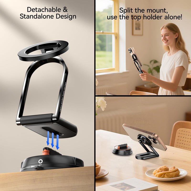 360°Adjustable Vacuum Magnetic Phone Holder for Cars/Shower/ Mirror/Gyms/ Kitchen/Bathroom,[Detachable Phone Stand] [Reliable Suction]Suction Cup Phone Mount Compatible with iPhone & All Phones