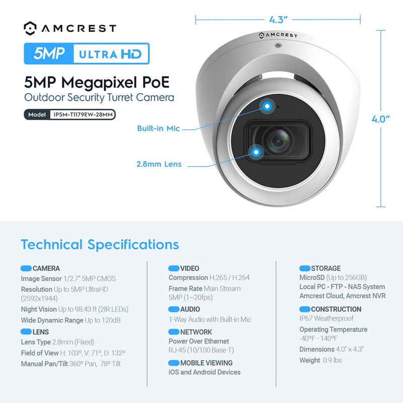 Amcrest 5MP Turret POE Camera, UltraHD Outdoor IP Camera POE with Mic/Audio, 5-Megapixel Security Surveillance Cameras, 98ft NightVision, 103° FOV, MicroSD (256GB), (IP5M-T1179EW-28MM) White