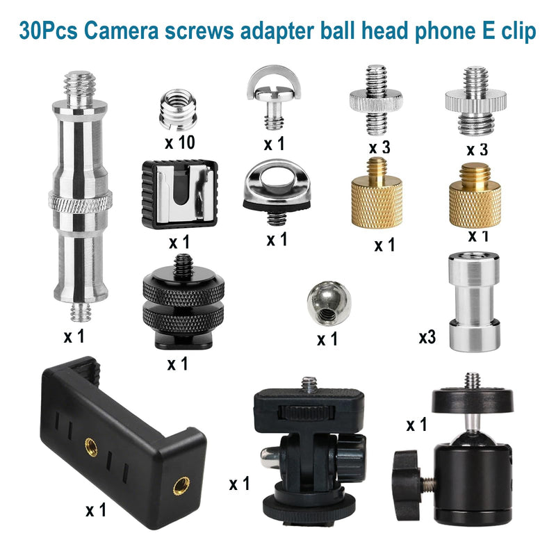 [AUSTRALIA] - 30Pack Camera Tripod Screw Mount Kit 1/4 to 3/8 Inch Adapter Threaded Converter 1/4" Swivel Ball Head and Hot Shoe E Clip for DSLR/Monopod/Flash Light/Quick Release Plate 