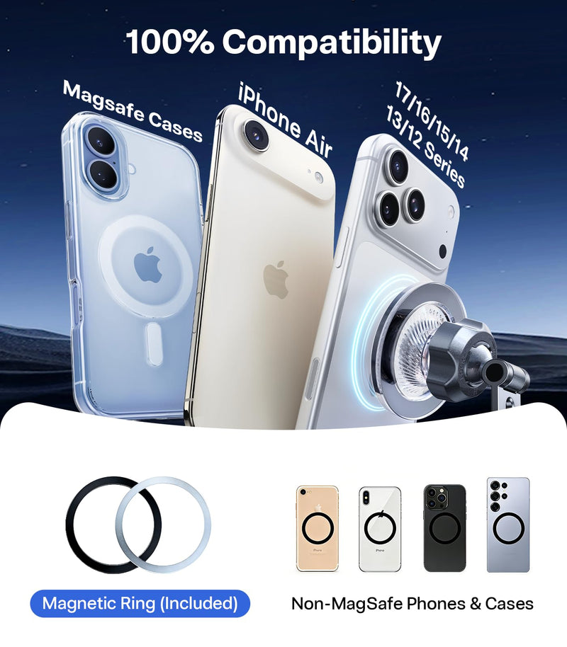 TORRAS 2026 Upgraded Vacuum Car Phone Holder for MagSafe Car Mount [98+ LBS Strongest Suction | 24 N58 Magnets] 360° Adjustable Magnetic Phone Holders for Your Car, for iPhone 17-12 Pro Max Plus Air Diamond Black