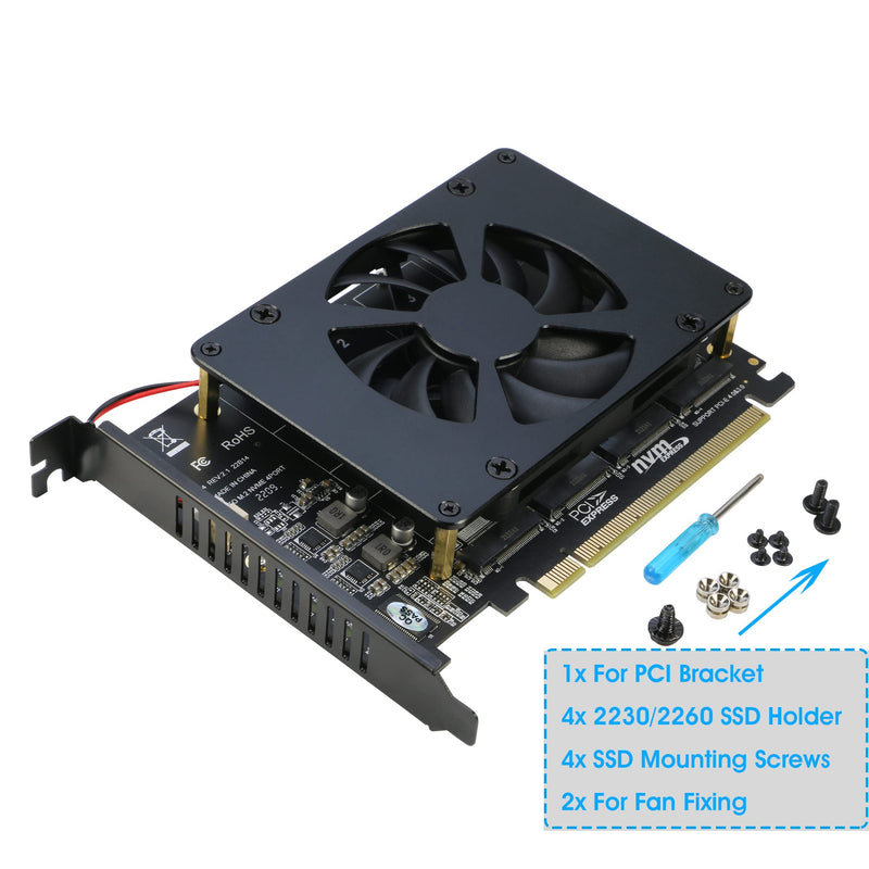 [AUSTRALIA] - Quad NVMe PCIe Adapter, RIITOP 4 Ports M.2 NVMe SSD to PCI-e 4.0/3.0 x16 Card with Fan Support 2280/2260/2242/2230 NVMe SSD (PCI-e Bifurcation Required) 4-Port 