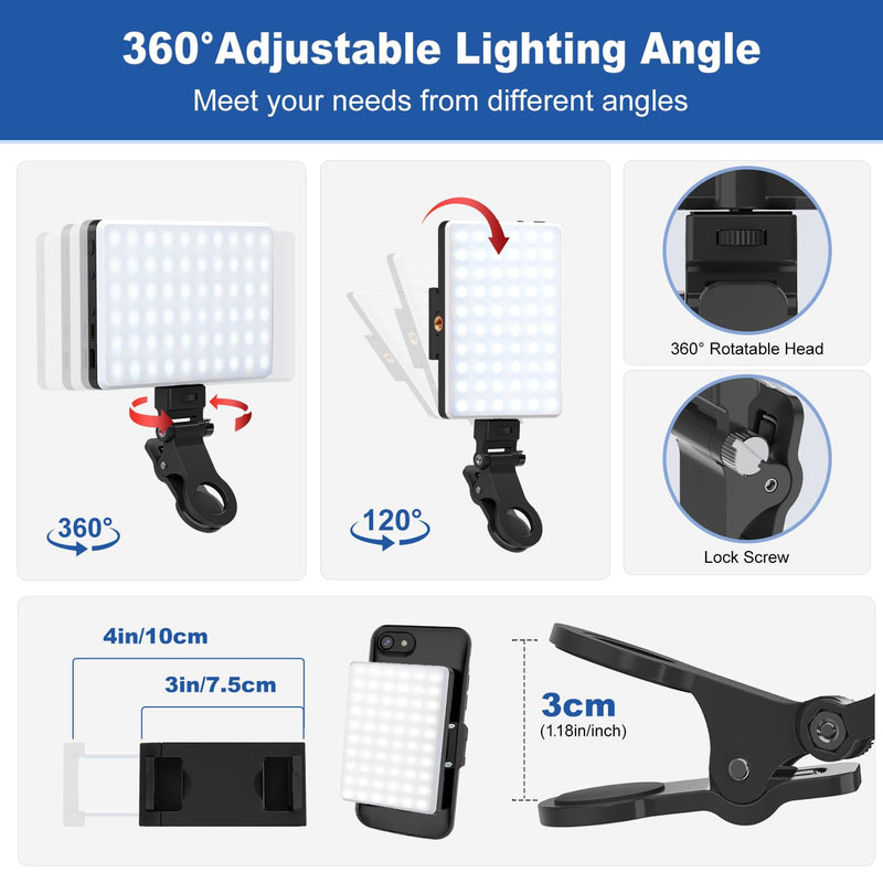 Selfie Light, Phone Light with Front & Back Clip, 60 LED Portable Light with 3 Light Modes, 5000mAh Rechargeable Video Light for Phone, iPhone, IPad, Laptop, TikTok, Makeup, Live Stream, Vlog Black