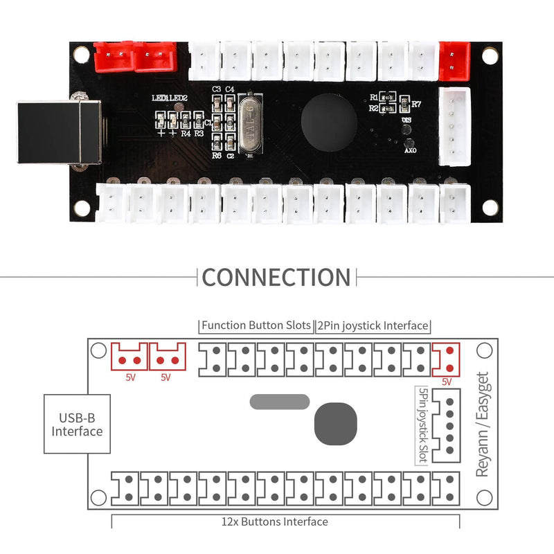 GUWARRY 2-Player Zero Delay USB Encoder PC to HAPP Joysticks/HAPP Arcade Buttons for PC, MAME, Raspberry Pi, Arcade1Up - Three 5V Power Output for led Joysticks/LED Daisy Chain/LED Arcade Buttons HAP+4.8