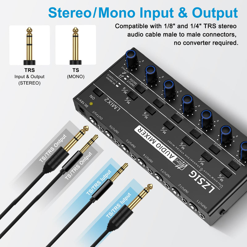 LZSIG Mini Audio Mixer,Stereo Line Mixer for Sub-Mixing,Ultra Low-Noise,6-Channel,Microphone Independent Control, 1/4" & 1/8" TRS Output and Input, for Guitars,Bass,Keyboards Medium(6-channel)