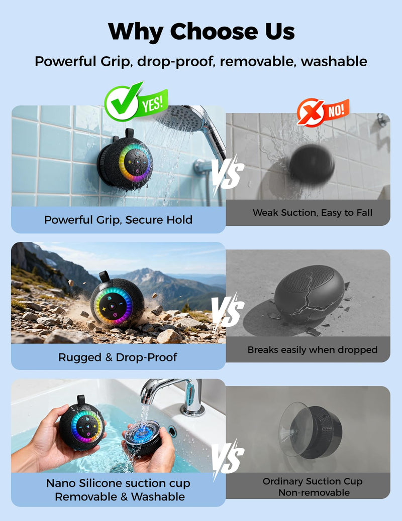 [AUSTRALIA] - Shower Speaker Bluetooth Waterproof Portable: 360° Surround Sound, IPX7 Suction Cup Removable with Vacuum Exhaust Knob, 2 IN1, RGB Lights, BT5.4, TWS, Pool/Beach/Kayak, Gifts for Adults Teens-Black black 