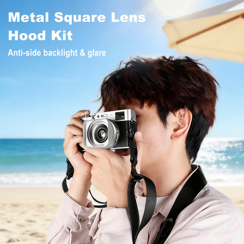 [AUSTRALIA] - X100VI X100V Metal Lens Hood Shade with Cap and 49mm Adapter Ring Kit for Fuji X100VI Fujifilm X100V X100F X100 X100S X100T X70 Camera (Silvery) silvery 
